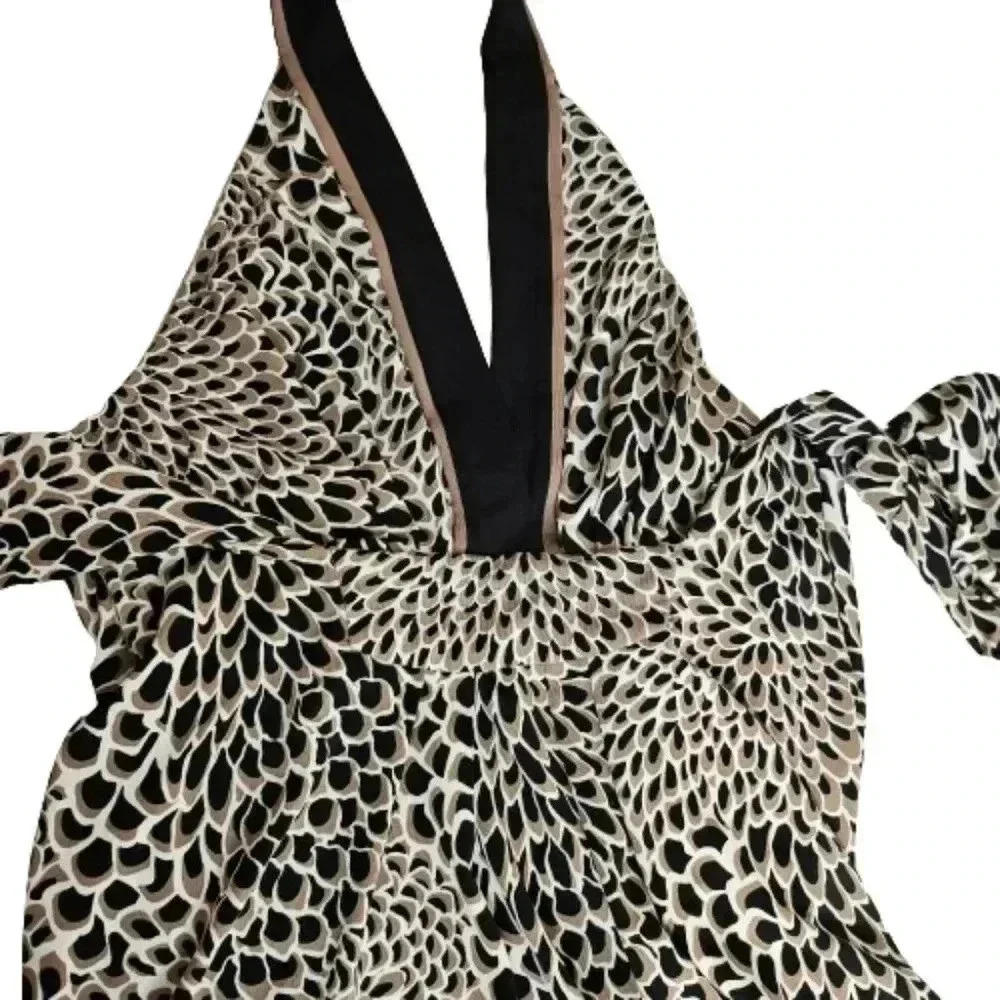 BCBGMAXAZRIA Leopard Print Halter Midi Dress Backless Tie Waist Size Medium - Picture 3 of 7